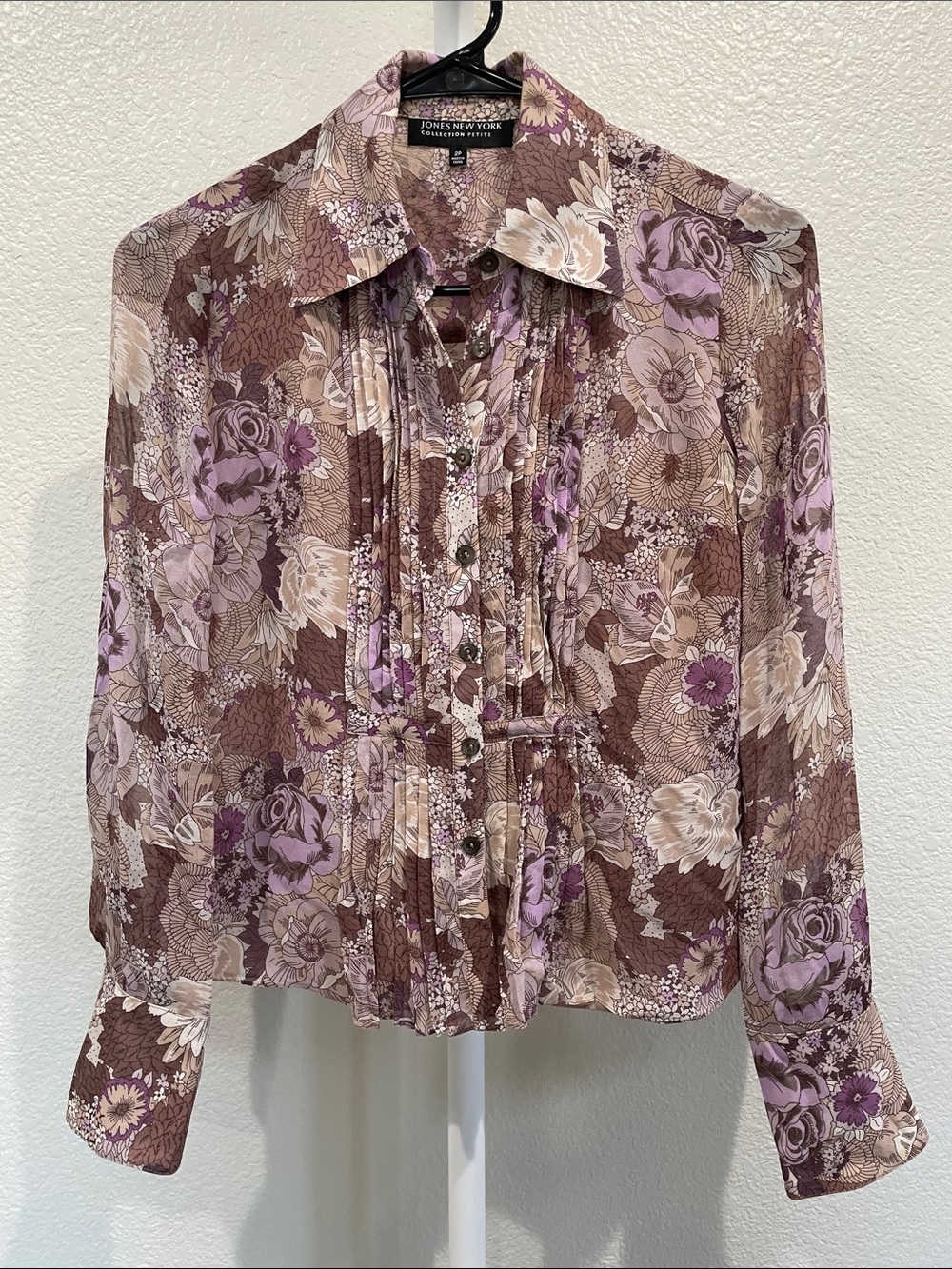 Jones New York Silk Long Sleeve Button Down Blouse 2 Petite